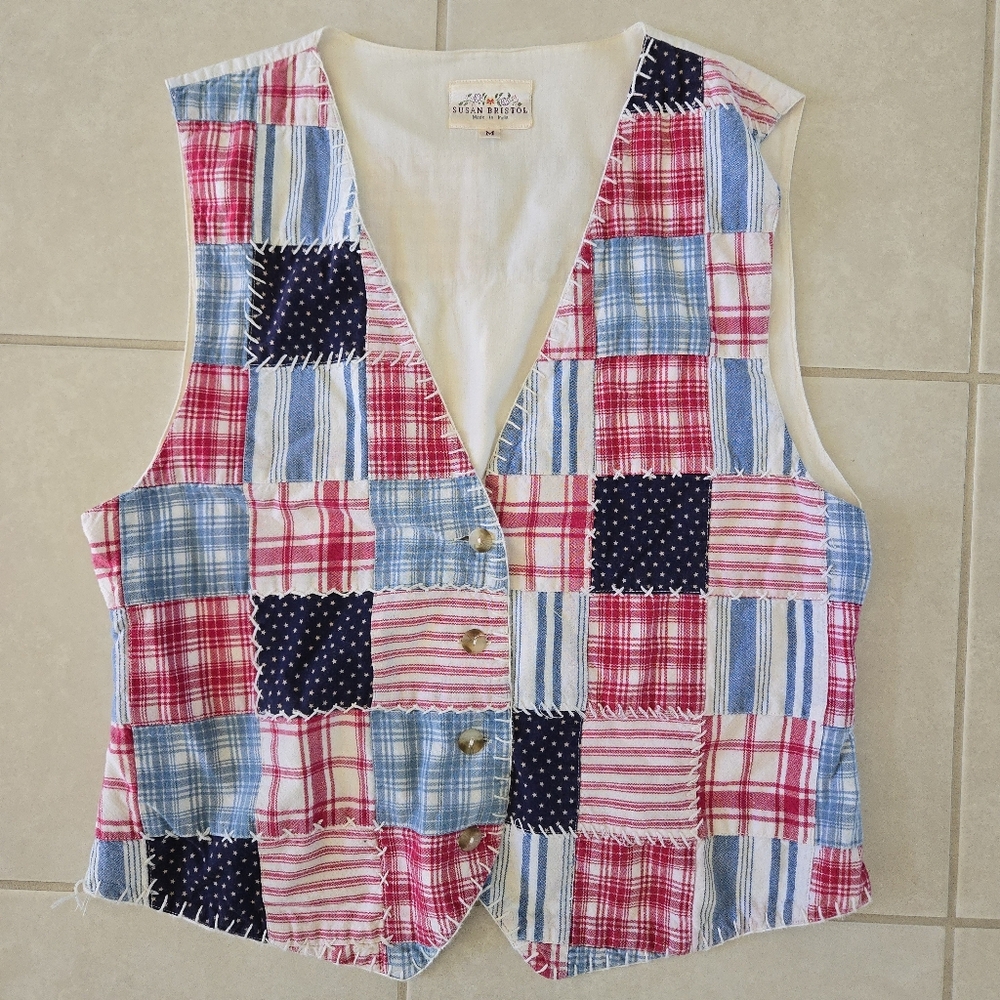 Vintage Susan Bristol Sz M Patchwork cotton vest women’s Red white Blue Flag